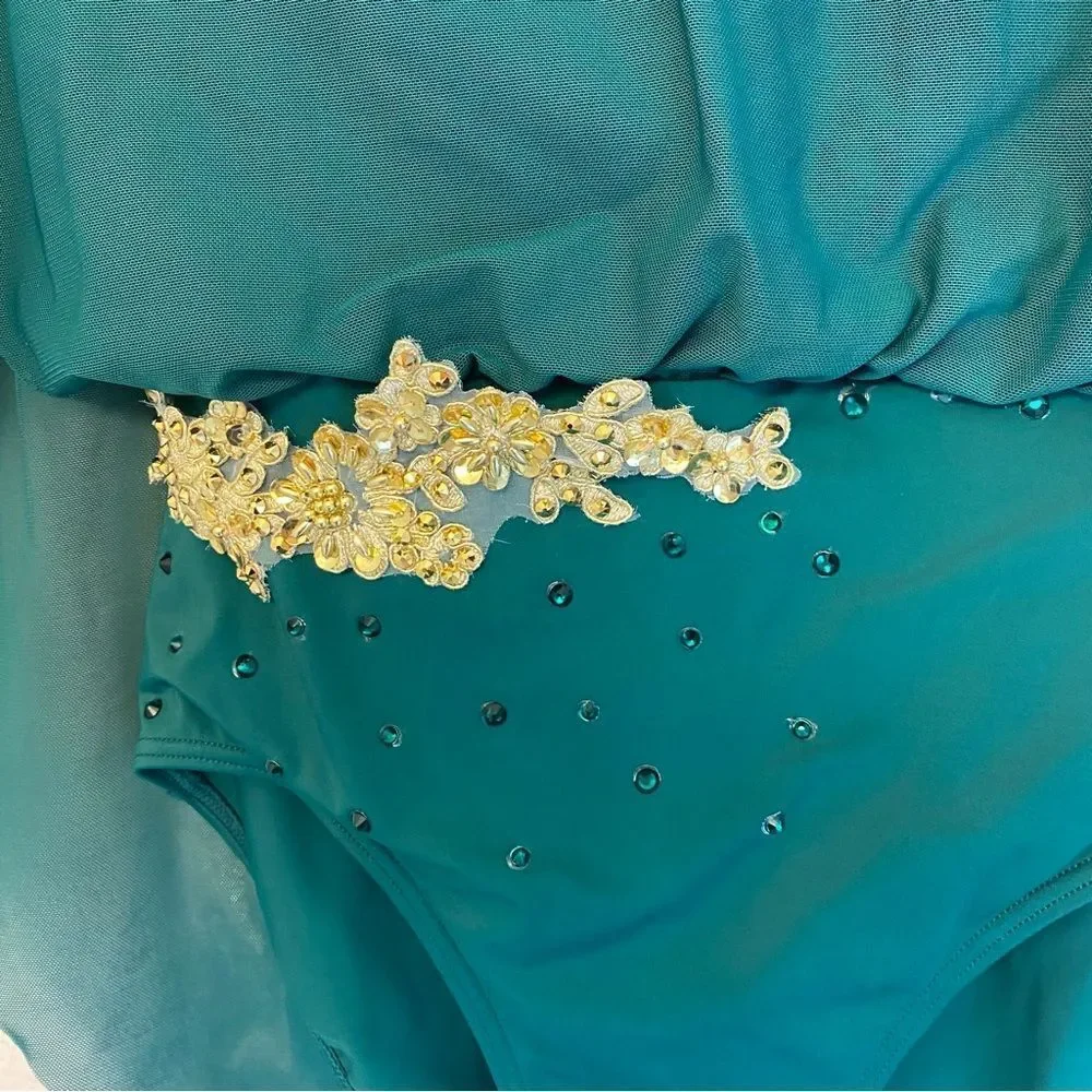 WEISSMAN Elite solo Dance Costume green Mesh Draped Cape Leotard SM12293 LC